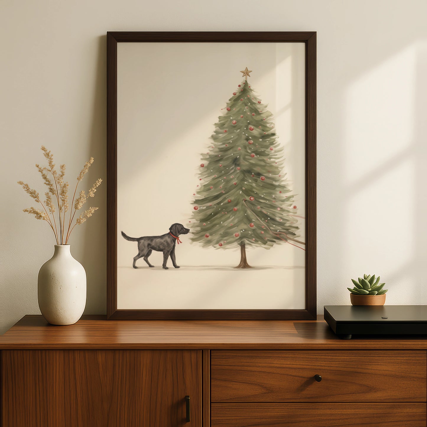 Black Labrador Christmas Poster, Dog Christmas Tree Wall Art, Festive Dog Print