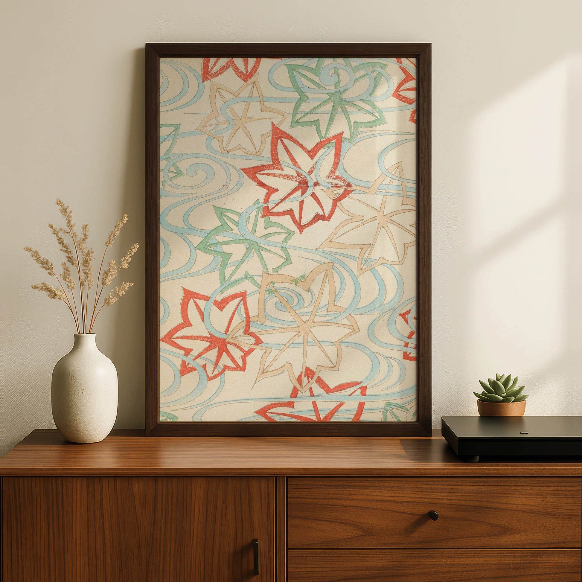 Japanese Botanical Print, Vintage Woodblock Wall Art, Maple Leaf Floral Japandi Poster – A5 Black frame