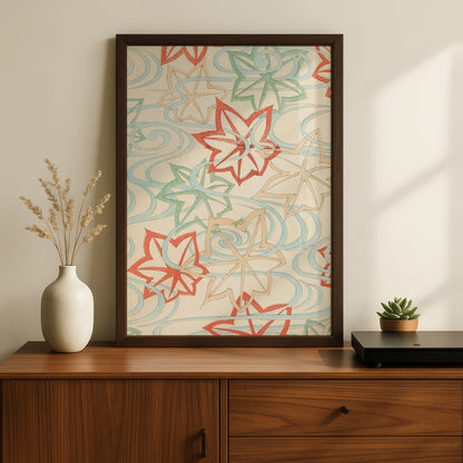 Japanese Botanical Print, Vintage Woodblock Wall Art, Maple Leaf Floral Japandi Poster – A5 Black frame