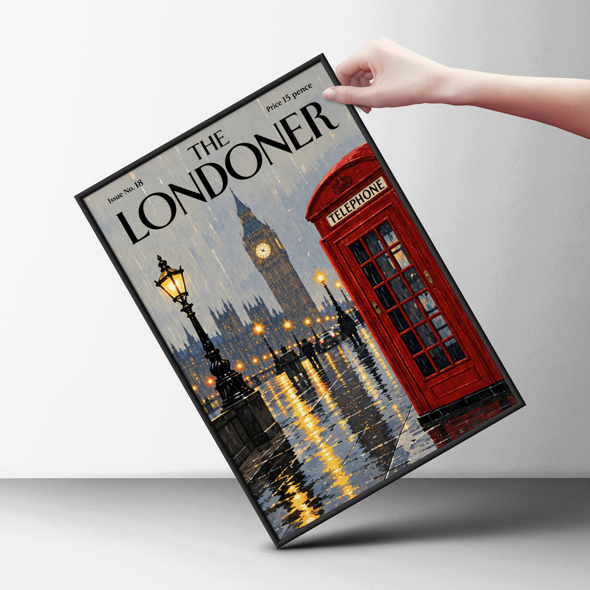 London Rainy Night Poster, Big Ben Red Telephone Box Wall Art, Vintage Magazine Cover Art Print