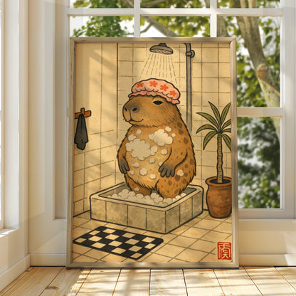 Capybara Shower Cartoon Poster