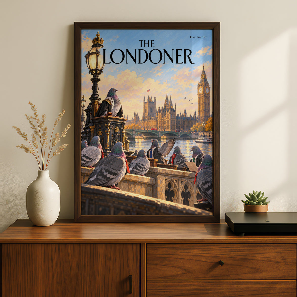 London Pigeon Parliament Poster, Big Ben Wall Art, Westminster Art Print, Funny Magazine Cover Style