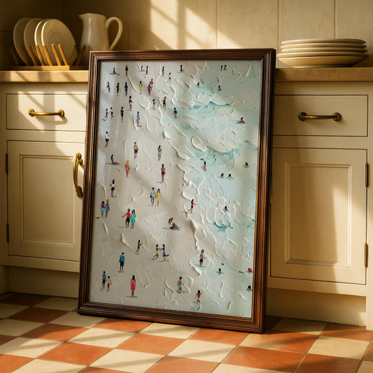 Beach Scene Art Print, People on Sandy Shore, Aerial View Poster, Modern Coastal Wall Art