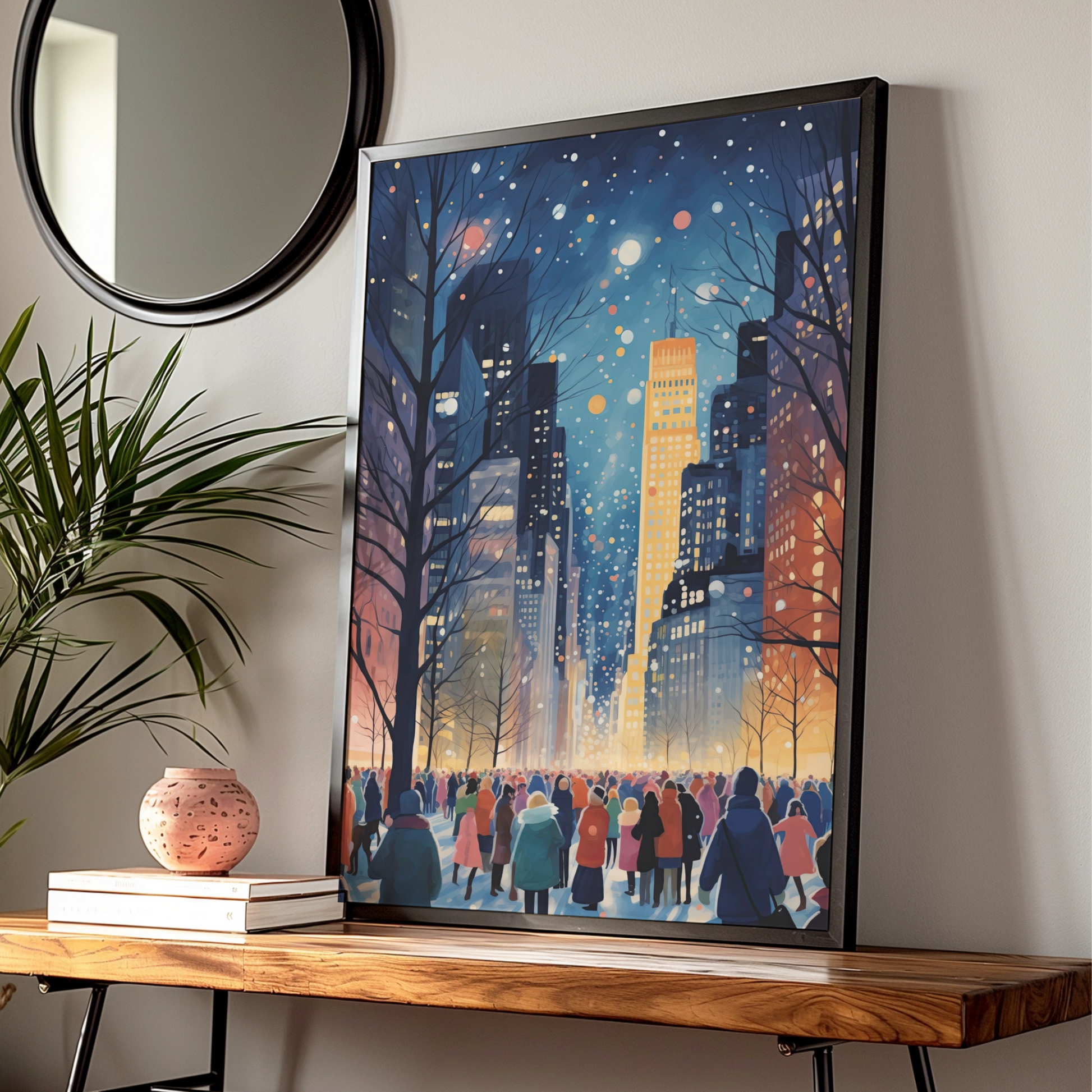 Christmas City Night Poster, Winter Snow Scene Wall Art, Festive New York Print