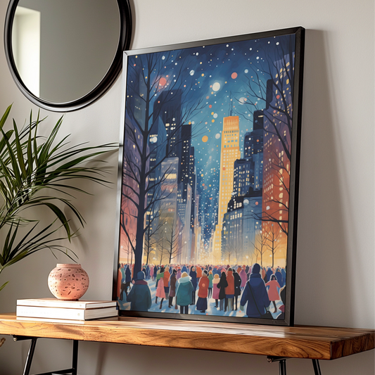 Christmas City Night Poster, Winter Snow Scene Wall Art, Festive New York Print