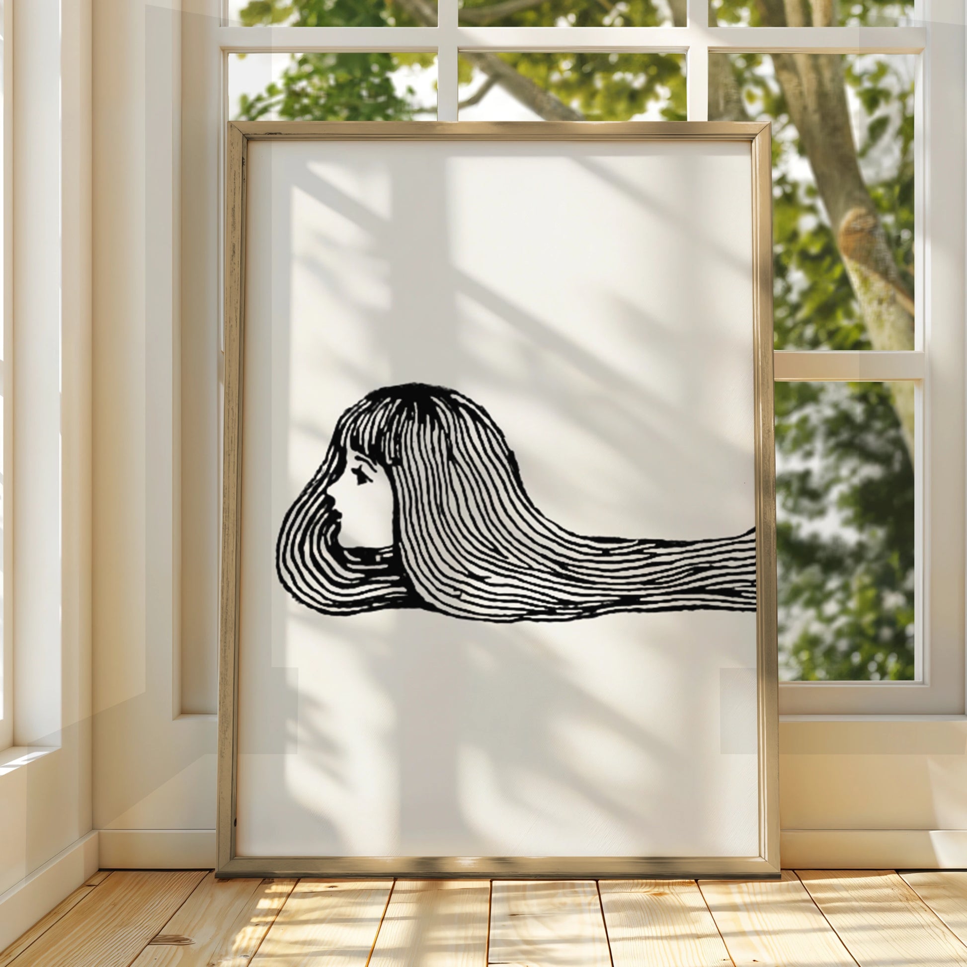 Halloween Witch Hair Poster, Creepy Girl Line Art Print, Black White Spooky Wall Art