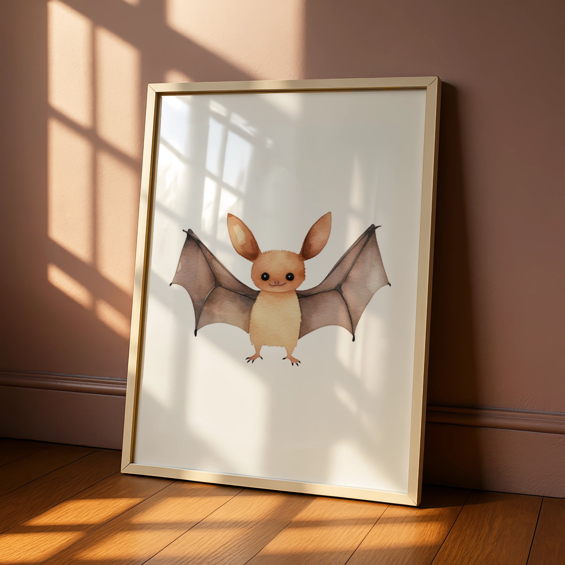 Cute Bat Nursery Wall Art, Watercolour Animal Poster, Kids Room Decor Print