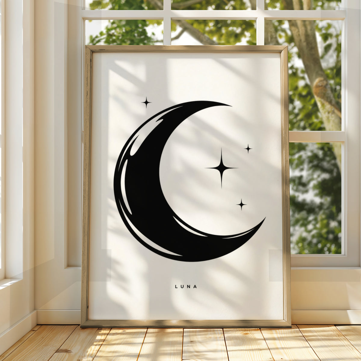 Luna Crescent Moon Print, Black and White Poster, Minimalist Star Wall Art, Celestial Monochrome
