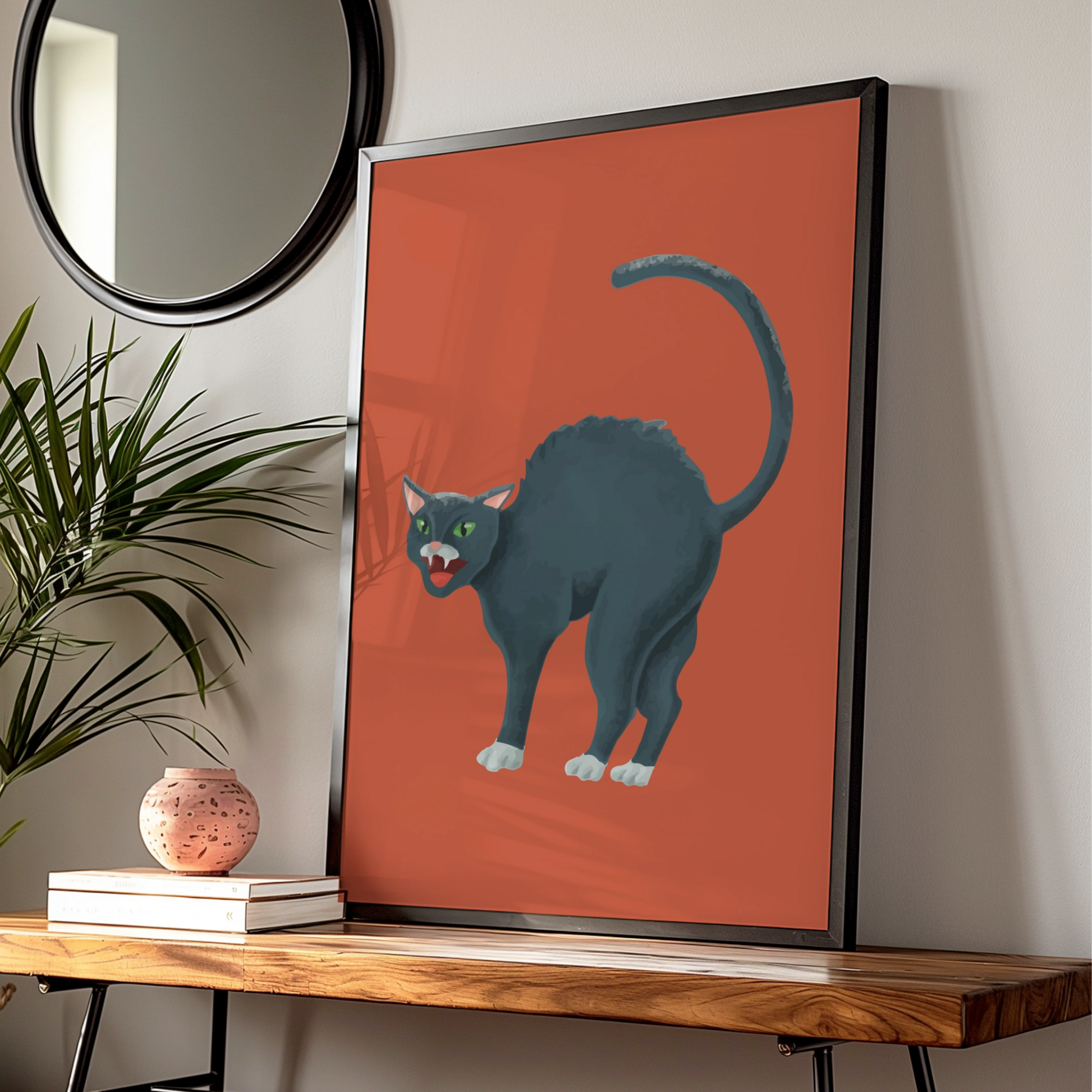 Halloween Black Cat Poster, Spooky Cat Wall Art, Arched Cat Print, Bold Red Halloween Decor
