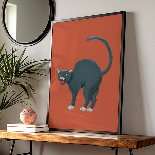 Halloween Black Cat Poster, Spooky Cat Wall Art, Arched Cat Print, Bold Red Halloween Decor