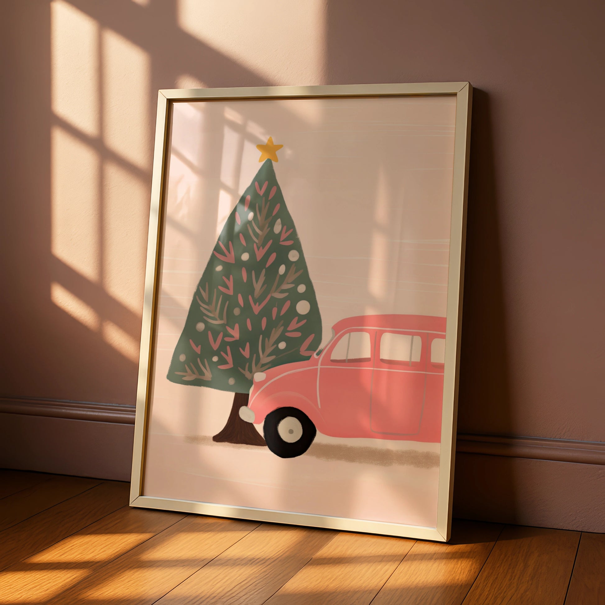 Pink Retro Car Christmas Poster, Festive Tree Wall Art, Cute Xmas Print, Holiday Home Decor