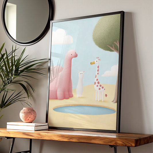 Nursery Wall Art Dinosaur Giraffe Print, Cute Animal Poster, Baby Room Decor