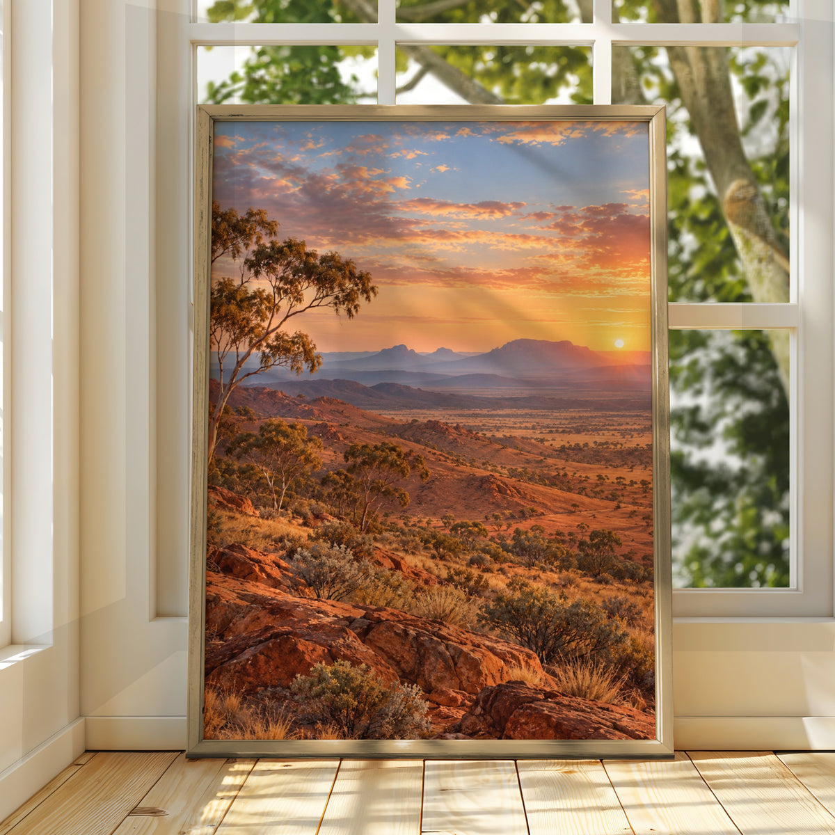 Australian Outback Sunset Landscape Print, Red Earth, Gum Tree, Outback Wall Art
