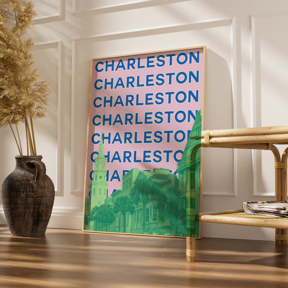 Charleston South Carolina Travel Poster, Retro City Wall Art, Pink Blue Print