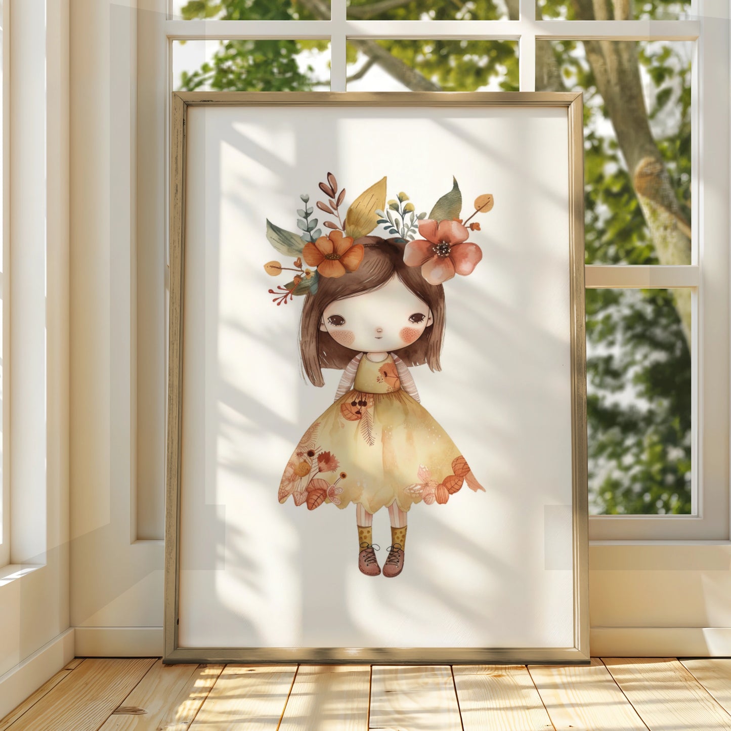 Boho Flower Girl Nursery Wall Art, Cute Girl Poster, Floral Crown Print for Baby Girls Room