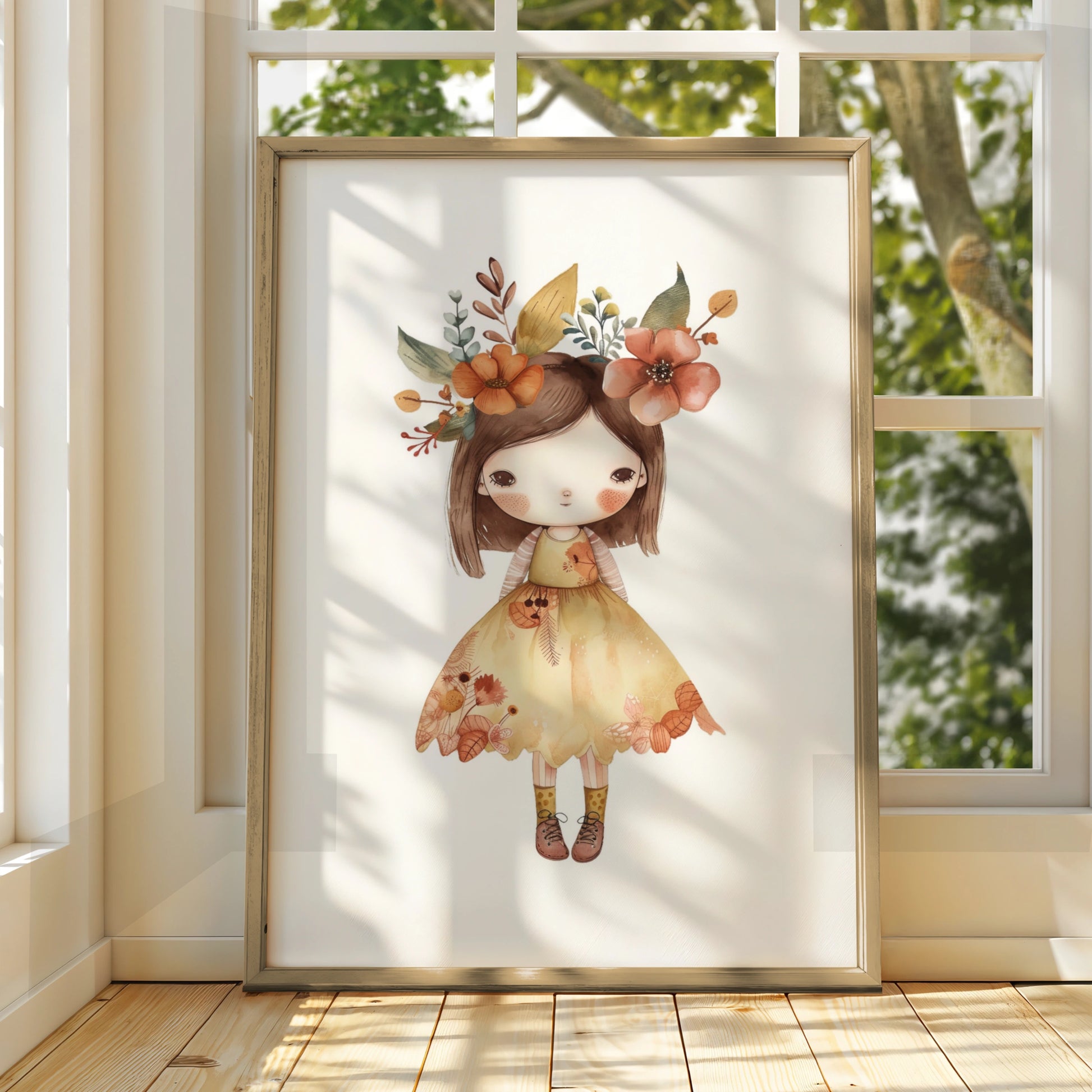 Boho Flower Girl Nursery Wall Art, Cute Girl Poster, Floral Crown Print for Baby Girls Room