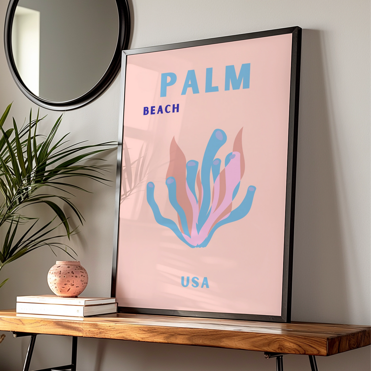 Palm Beach USA Travel Poster, Florida Wall Art, Retro Coral Print, Pastel Beach Decor