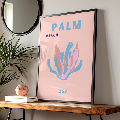 Palm Beach USA Travel Poster, Florida Wall Art, Retro Coral Print, Pastel Beach Decor