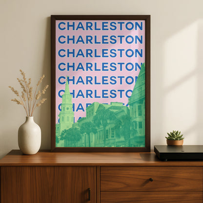 Charleston South Carolina Travel Poster, Retro City Wall Art, Pink Blue Print