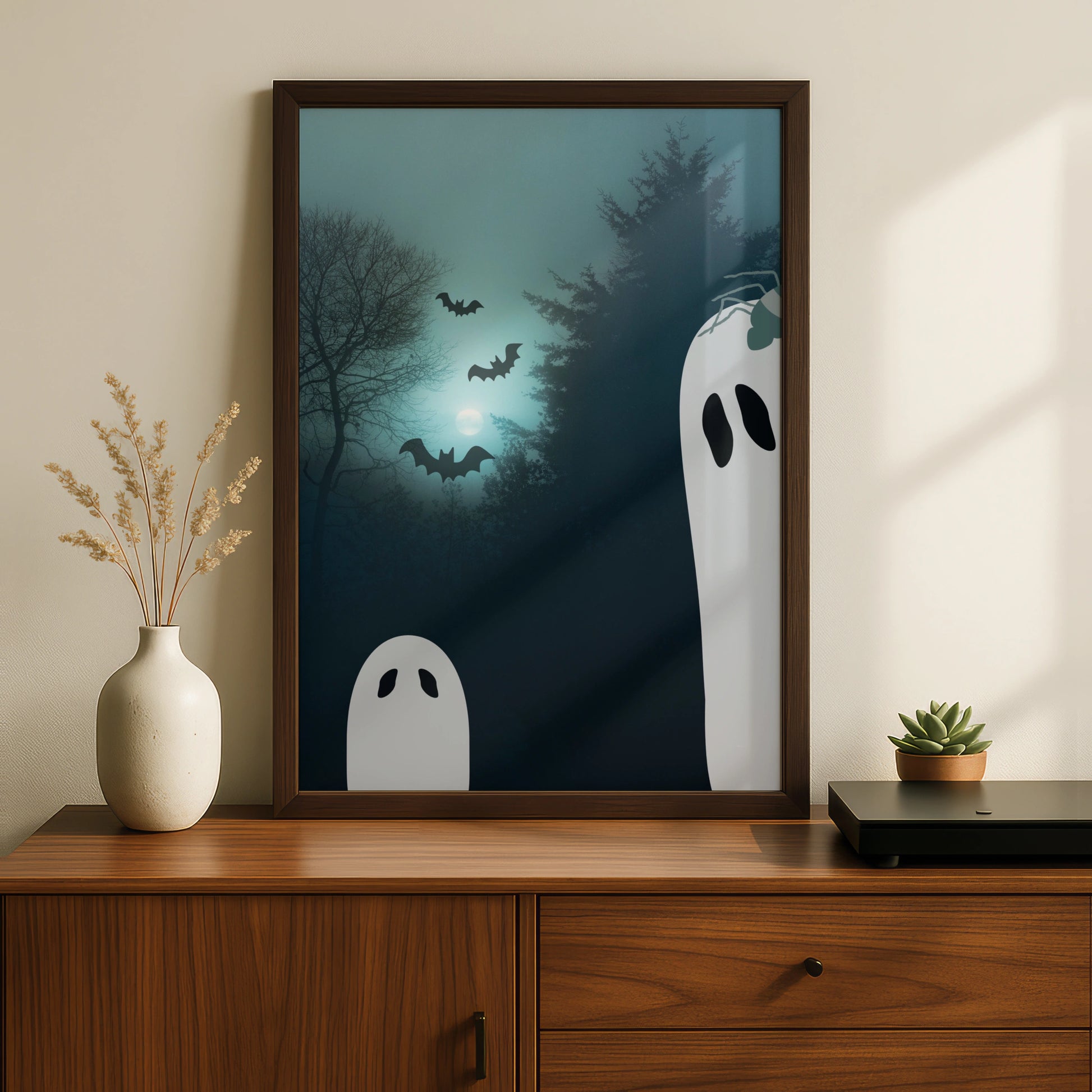 Halloween Ghost Poster, Spooky Forest Wall Art, Bats Full Moon Print, Teal Dark
