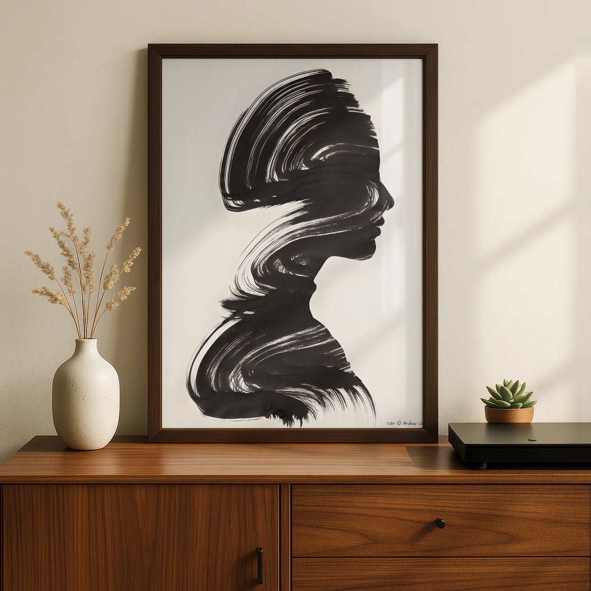 Female Silhouette Monochrome Wall Art, Black and White Portrait Poster, Modern Brush Stroke Print