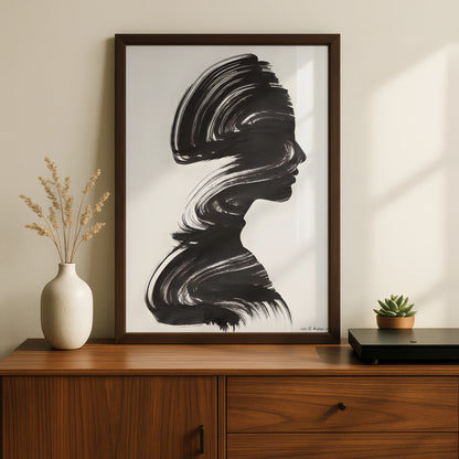 Female Silhouette Monochrome Wall Art, Black and White Portrait Poster, Modern Brush Stroke Print