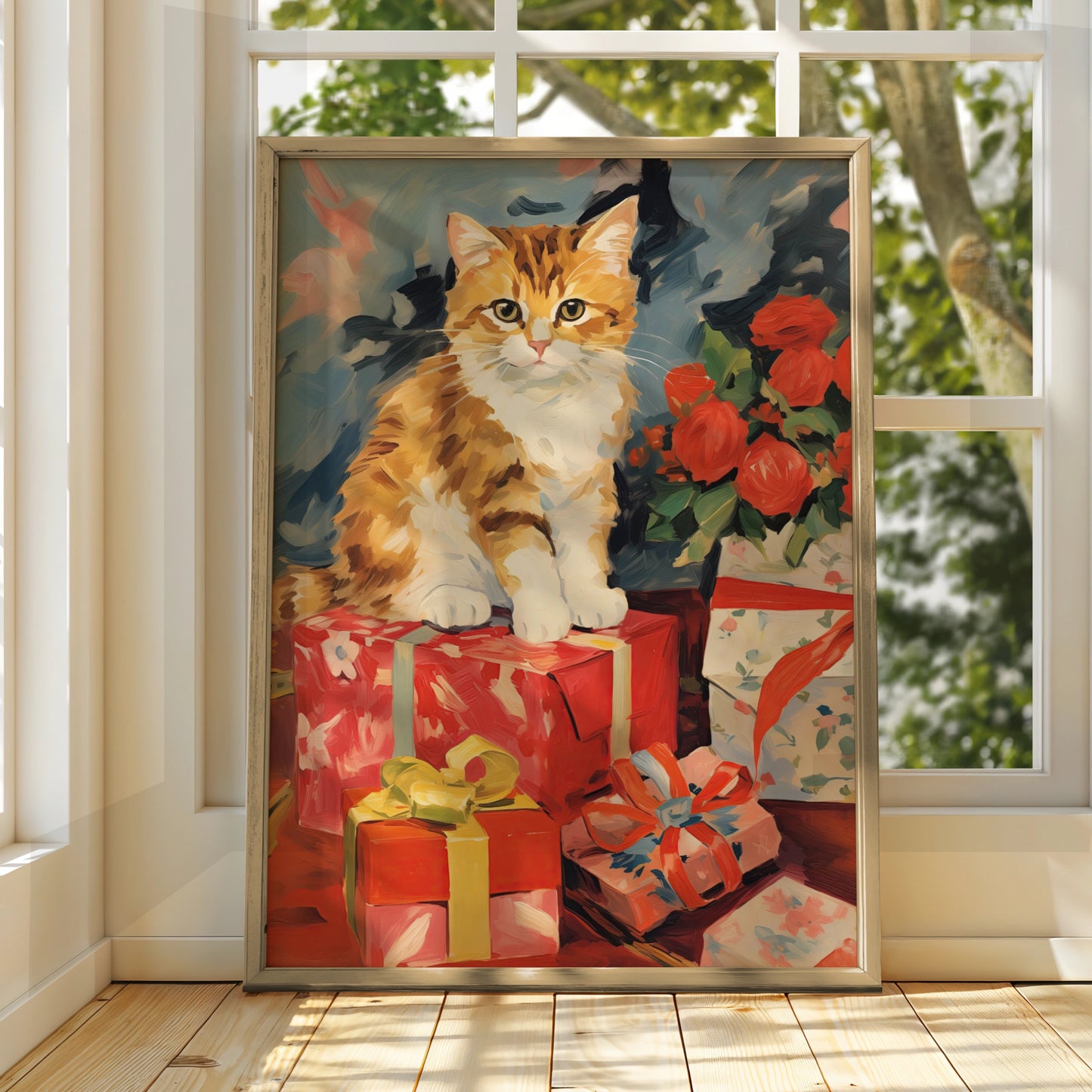 Christmas Cat Poster, Ginger Tabby with Gifts Wall Art, Festive Holiday Print for Cat Lovers
