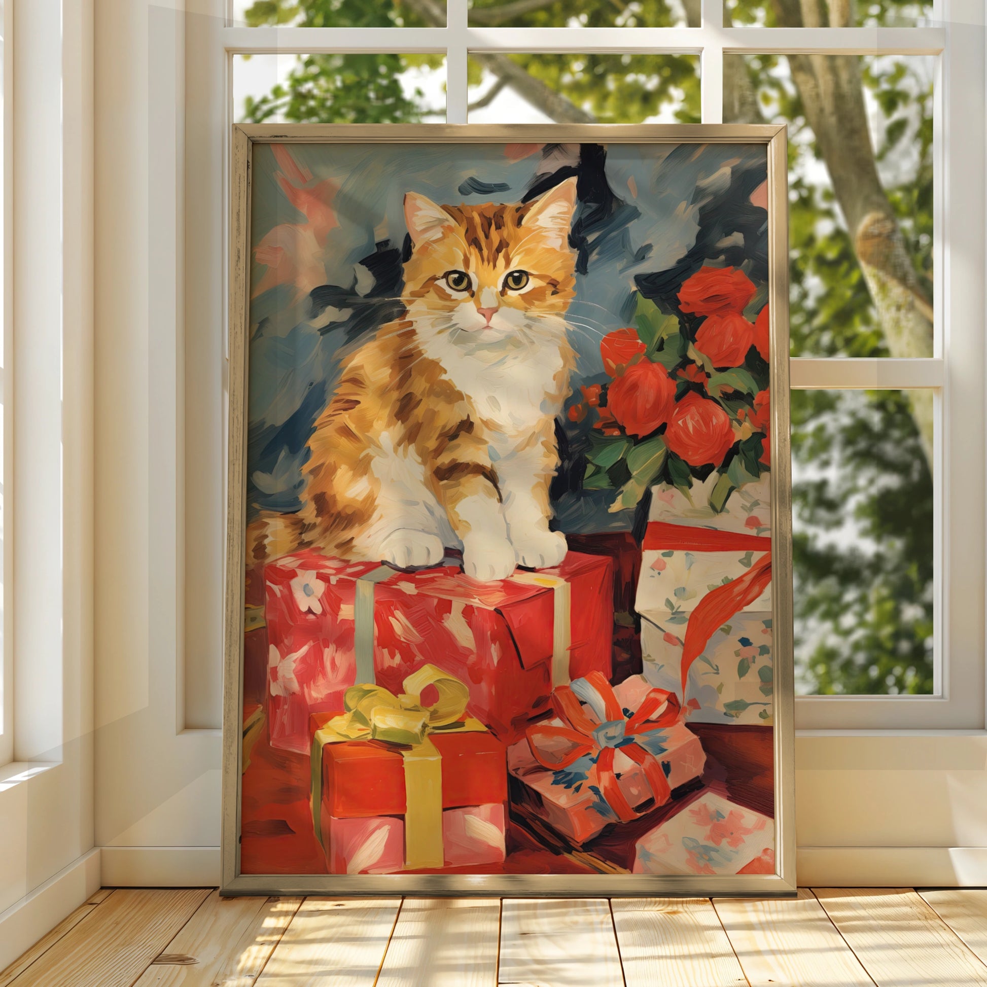 Christmas Cat Poster, Ginger Tabby with Gifts Wall Art, Festive Holiday Print for Cat Lovers