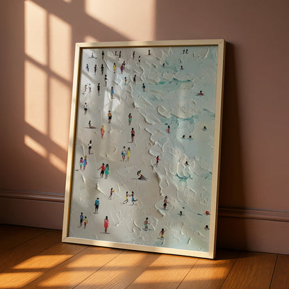 Beach Scene Art Print, People on Sandy Shore, Aerial View Poster, Modern Coastal Wall Art