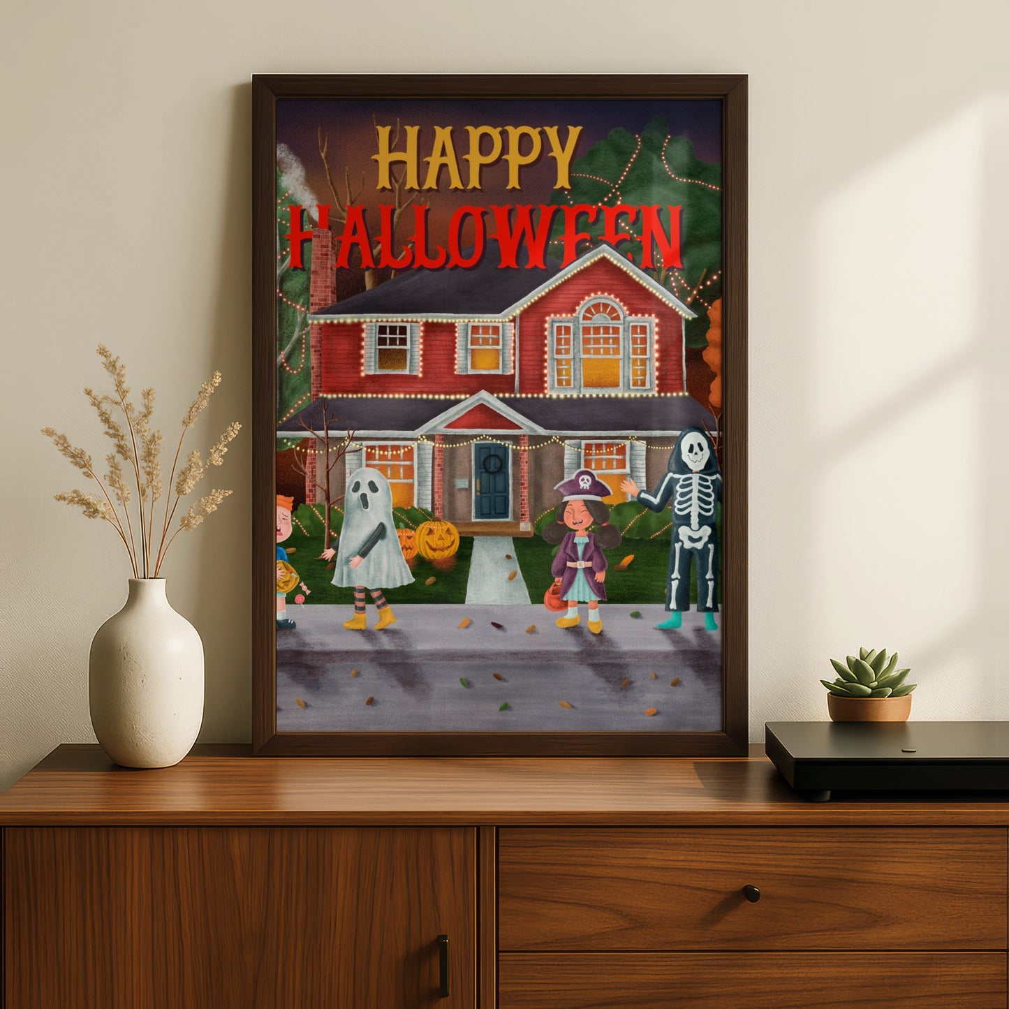 Happy Halloween Trick or Treat Poster, Kids Costume Wall Art, Spooky Neighbourhood Print