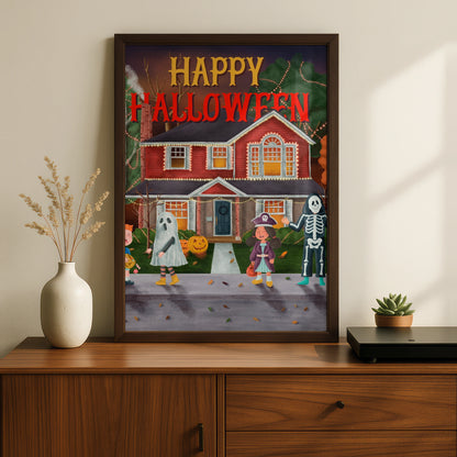 Happy Halloween Trick or Treat Poster, Kids Costume Wall Art, Spooky Neighbourhood Print