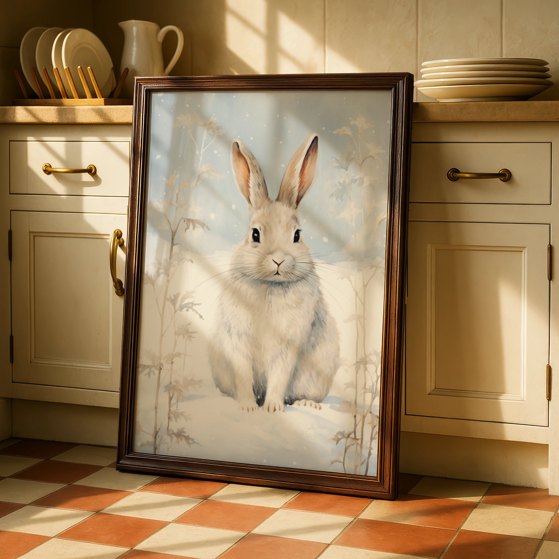 Christmas Rabbit Poster, Winter Snow Bunny Wall Art, Festive Nordic Animal Print, Cosy Holiday Decor