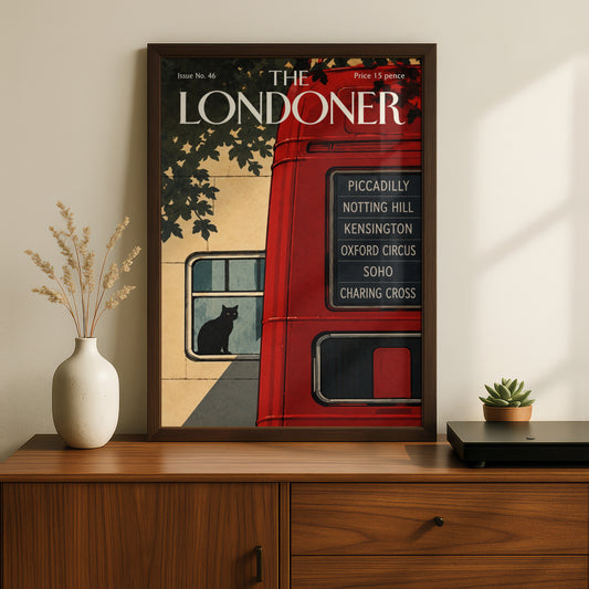 London Bus Poster, Black Cat Wall Art, Vintage Magazine Cover Art Print, Red Bus Piccadilly