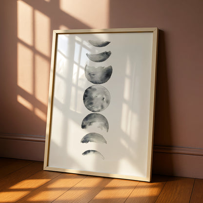 Moon Phases Watercolour Print, Monochrome Wall Art, Minimalist Lunar Poster, Modern Grey Decor