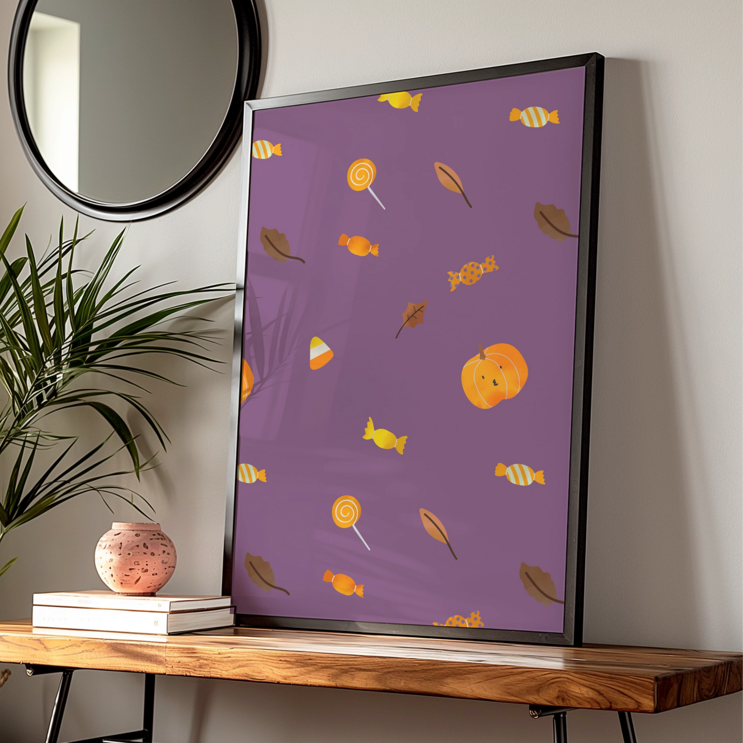 Halloween Candy Pattern Poster, Trick or Treat Wall Art, Pumpkin Purple Print