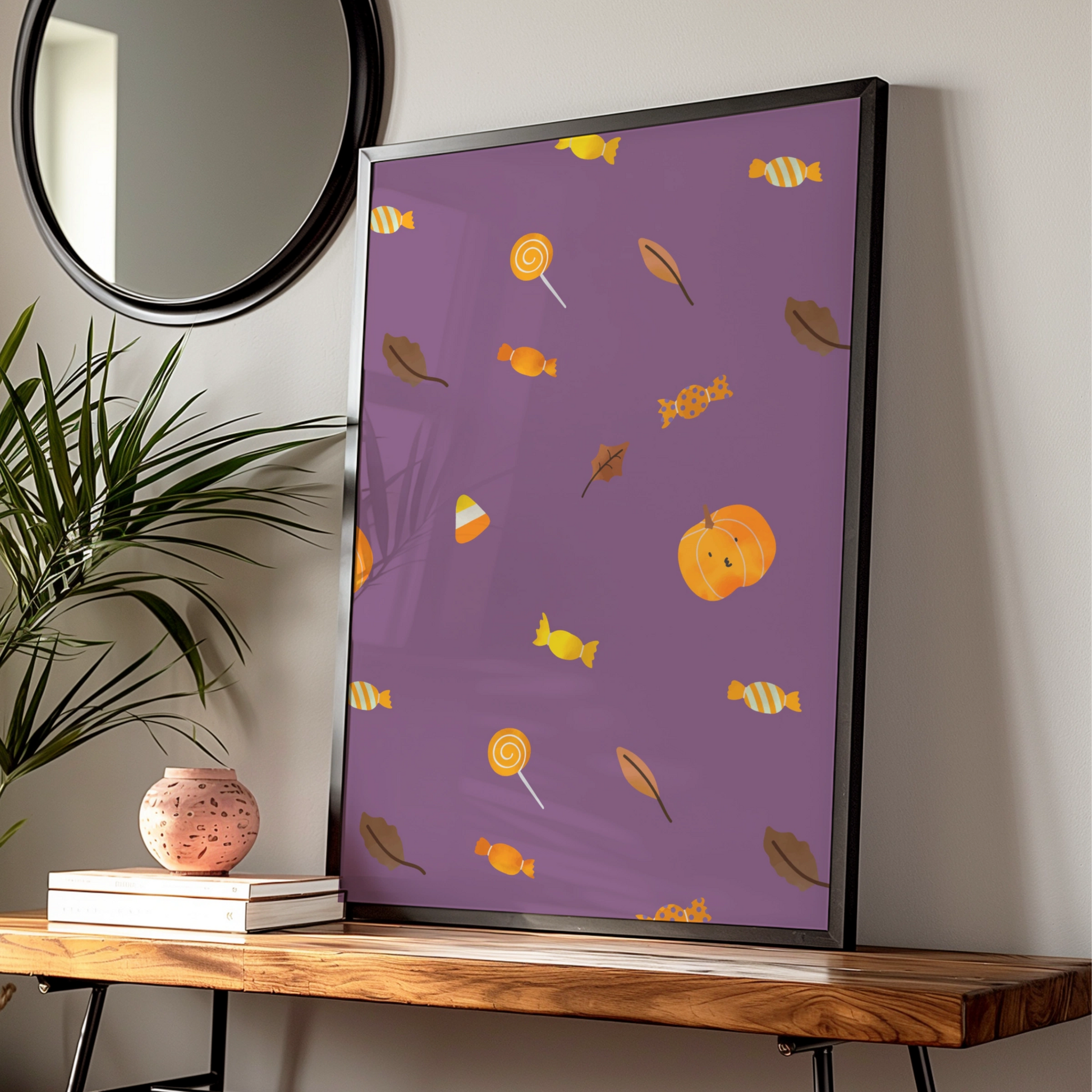 Halloween Candy Pattern Poster, Trick or Treat Wall Art, Pumpkin Purple Print