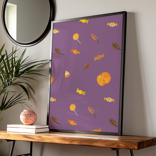 Halloween Candy Pattern Poster, Trick or Treat Wall Art, Pumpkin Purple Print