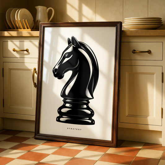 Chess Knight Strategy Print, Monochrome Wall Art, Black and White Minimalist Poster