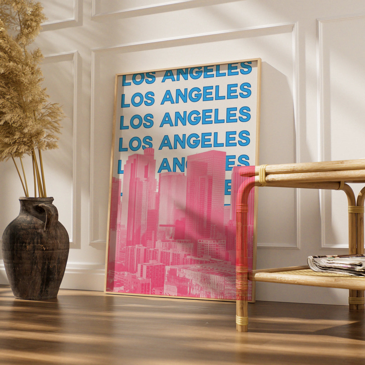 Los Angeles Travel Poster, Retro LA City Wall Art, Pink Blue Skyline Print, California