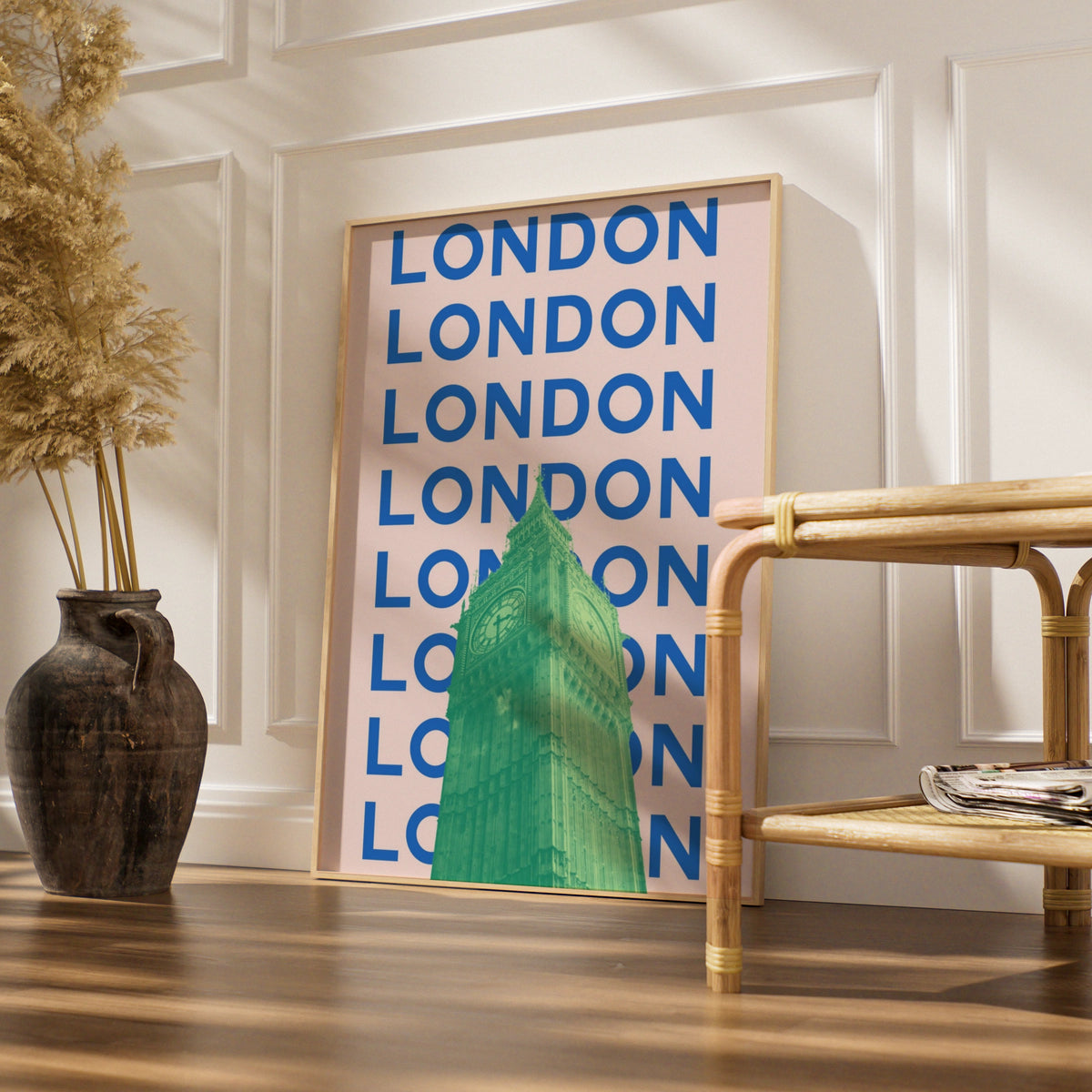 London Travel Poster, Big Ben Wall Art, Retro City Print, UK Bold Pink Blue Decor