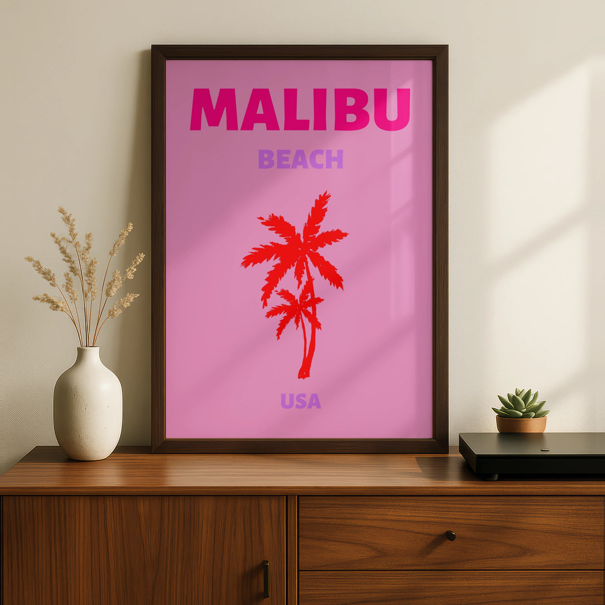 Malibu Beach Travel Poster, California Wall Art, Retro USA Palm Tree Print