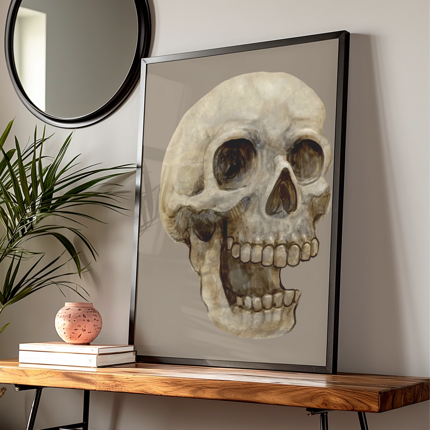 Halloween Skull Wall Art, Spooky Skeleton Poster, Gothic Horror Print, Dark Beige Decor