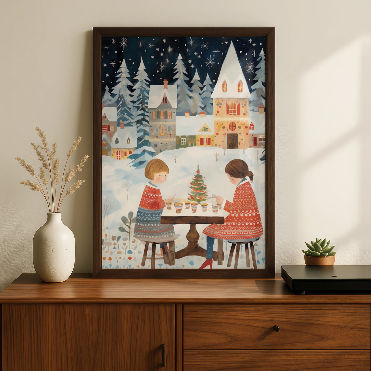 Christmas Village Poster, Festive Winter Scene, Children Holiday Wall Art, Snowy Xmas Print