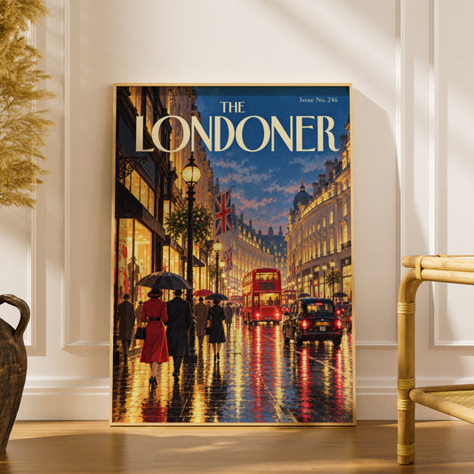 The Londoner Poster, London Street Wall Art, Rainy Evening Art Print, Red Bus Black Cab