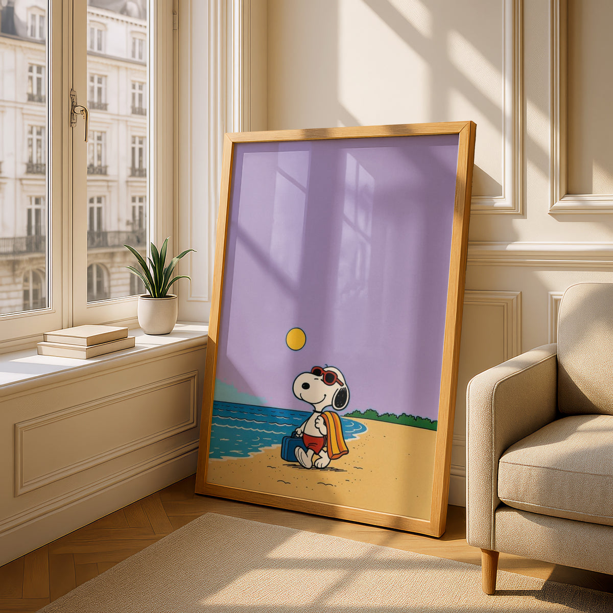 Cartoon Dog Beach Poster, Lavender Seaside Wall Art, Kids Room Art Print