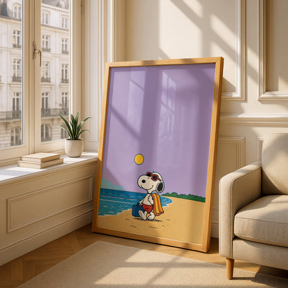 Cartoon Dog Beach Poster, Lavender Seaside Wall Art, Kids Room Art Print