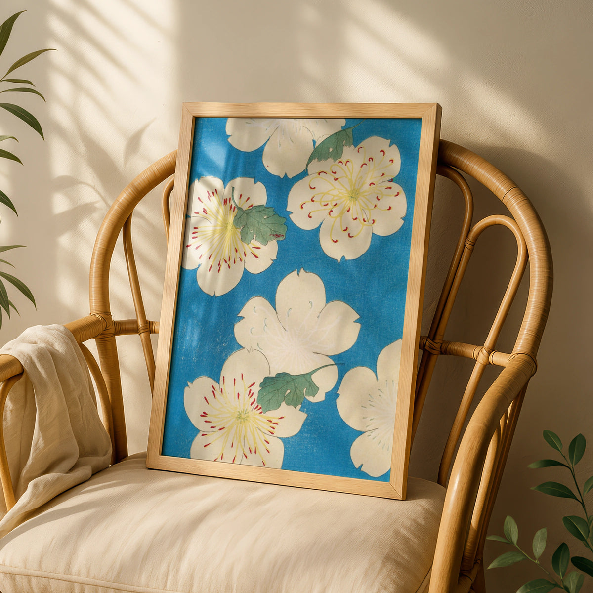 Japanese Botanical Print, Vintage Floral Woodblock Wall Art, Japandi Blue Flower Poster – A5 White frame