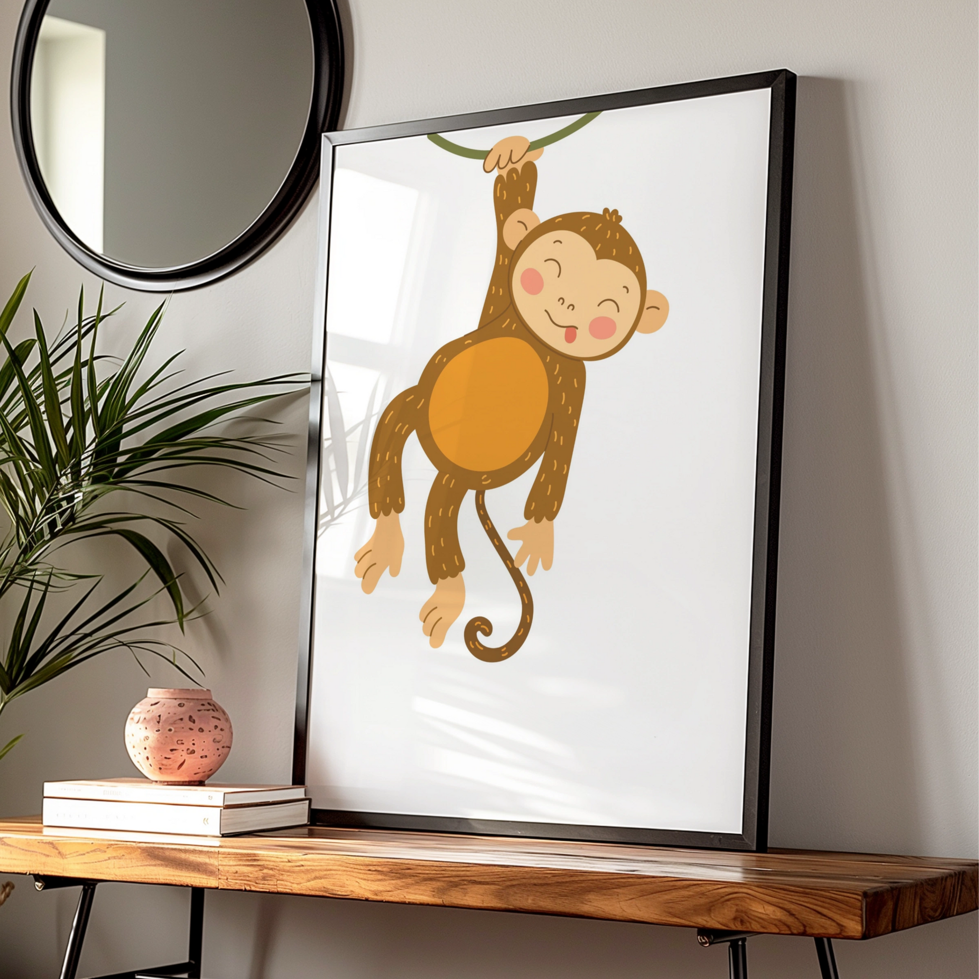 Cute Monkey Nursery Wall Art, Baby Jungle Animal Poster, Kids Room Print Decor