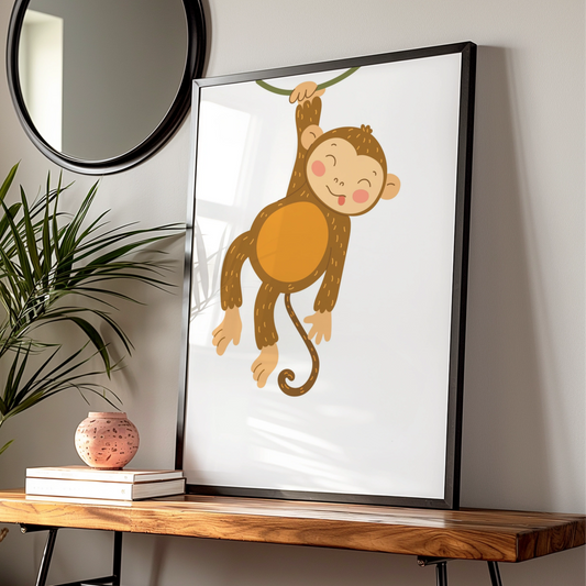 Cute Monkey Nursery Wall Art, Baby Jungle Animal Poster, Kids Room Print Decor
