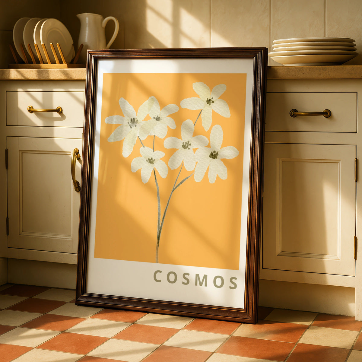 Cosmos Flower Botanical Poster, White Floral Wall Art, Mustard Yellow Modern Print